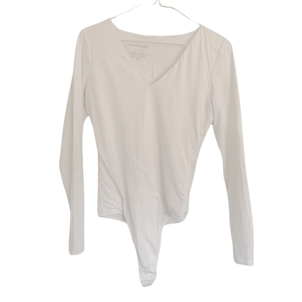 NWOT, Everlane White Long Sleeve V-neck Stretch Knit Thong Bodysuit Minimalist M